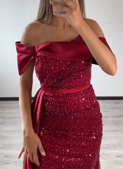 Sheath/Column Asymmetrical Sequined Prom Dresses With Split Front
