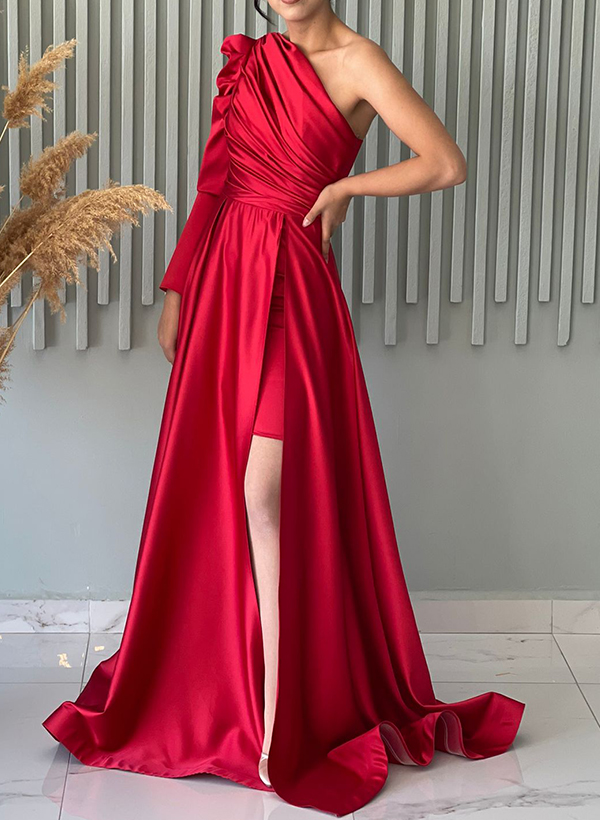 A-Line One-Shoulder Long Sleeves Satin Prom Dresses With Split Front