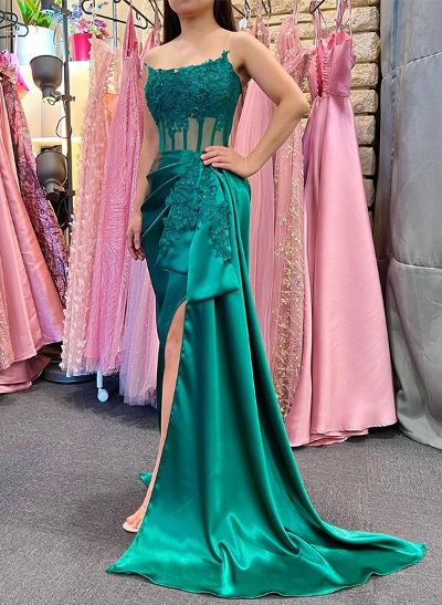 Sheath/Column Strapless Sleeveless Satin Prom Dresses With Appliques Lace