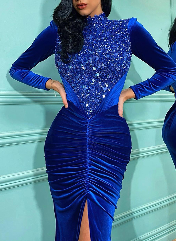 Trumpet/Mermaid Long Sleeves Sequined Prom Dresses With Split Front
