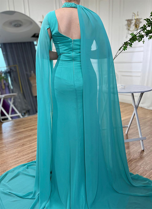Sheath/Column Halter Sleeveless Jersey Prom Dresses With Rhinestone