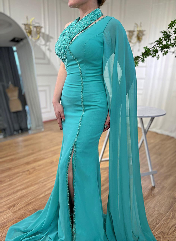 Sheath/Column Halter Sleeveless Jersey Prom Dresses With Rhinestone