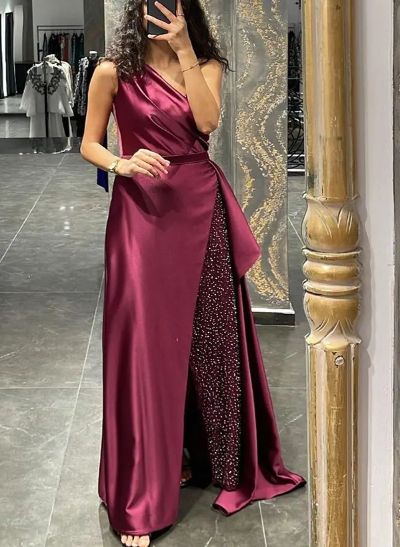 A-Line One-Shoulder Sleeveless Floor-Length Satin Prom Dresses With Rhinestone