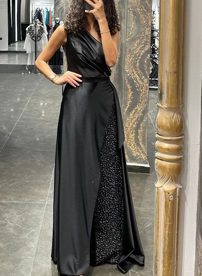 A-Line One-Shoulder Sleeveless Floor-Length Satin Prom Dresses With Rhinestone