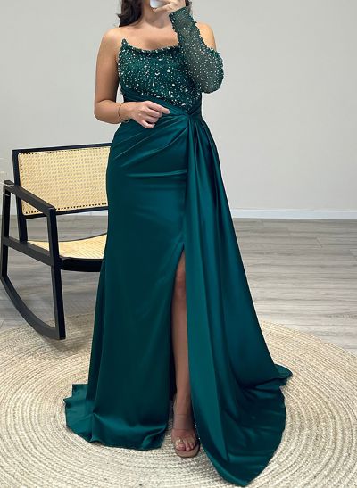 Sheath/Column One-Shoulder Sleeveless Satin Prom Dresses With Rhinestone