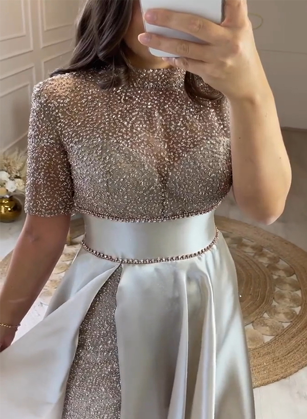 A-Line Illusion Neck Sweep Train Sequined Prom Dresses With Split Front