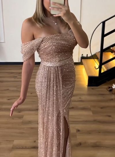 Sheath/Column Off-The-Shoulder Sequined Prom Dresses With Split Front