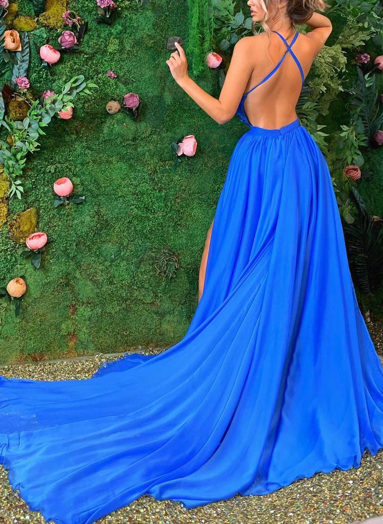Simple Sexy Open Back A-Line Prom Dresses With High Slit