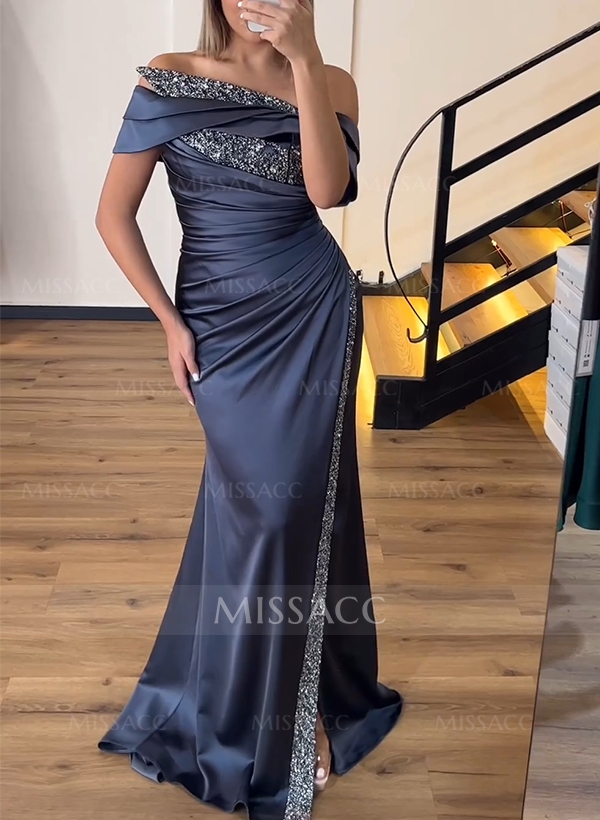 Sheath/Column Off-The-Shoulder Sleeveless Acetate Satin Prom Dresses With Rhinestone