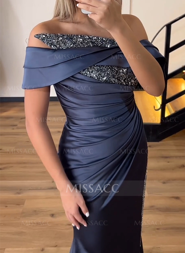 Sheath/Column Off-The-Shoulder Sleeveless Acetate Satin Prom Dresses With Rhinestone