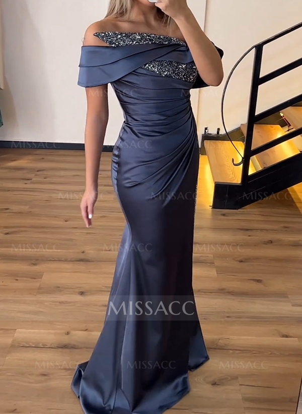 Sheath/Column Off-The-Shoulder Sleeveless Acetate Satin Prom Dresses With Rhinestone