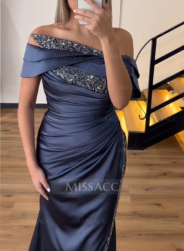 Sheath/Column Off-The-Shoulder Sleeveless Acetate Satin Prom Dresses With Rhinestone