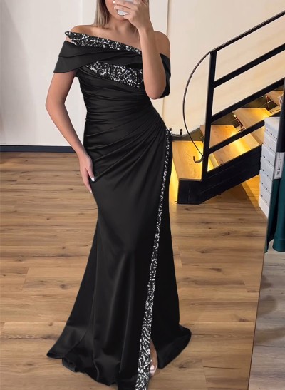 Sheath/Column Off-The-Shoulder Sleeveless Acetate Satin Prom Dresses With Rhinestone