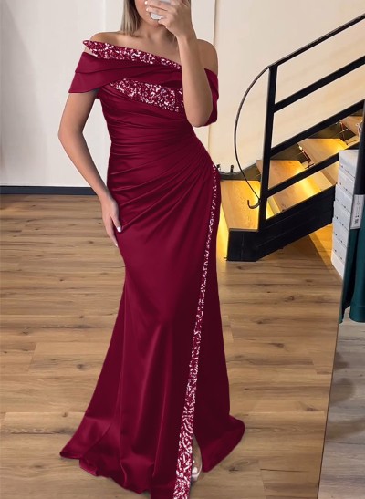 Sheath/Column Off-The-Shoulder Sleeveless Acetate Satin Prom Dresses With Rhinestone