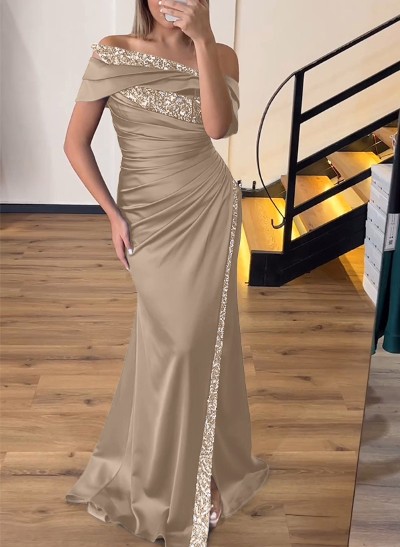 Sheath/Column Off-The-Shoulder Sleeveless Acetate Satin Prom Dresses With Rhinestone