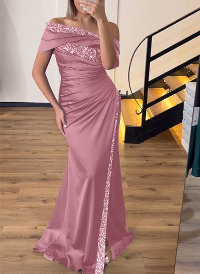 Sheath/Column Off-The-Shoulder Sleeveless Acetate Satin Prom Dresses With Rhinestone