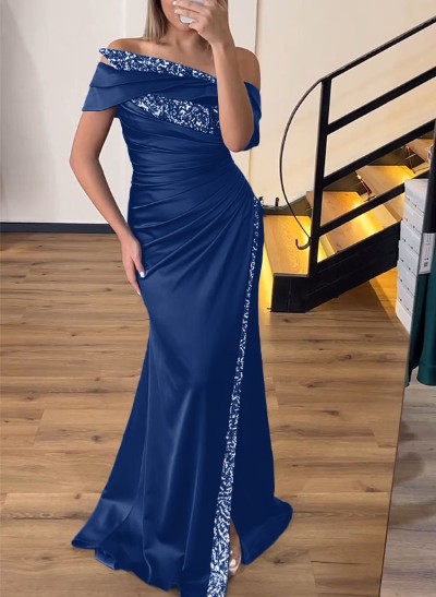 Sheath/Column Off-The-Shoulder Sleeveless Acetate Satin Prom Dresses With Rhinestone