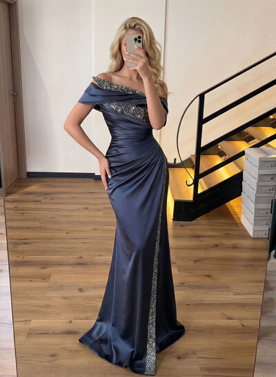 Sheath/Column Off-The-Shoulder Sleeveless Acetate Satin Prom Dresses With Rhinestone