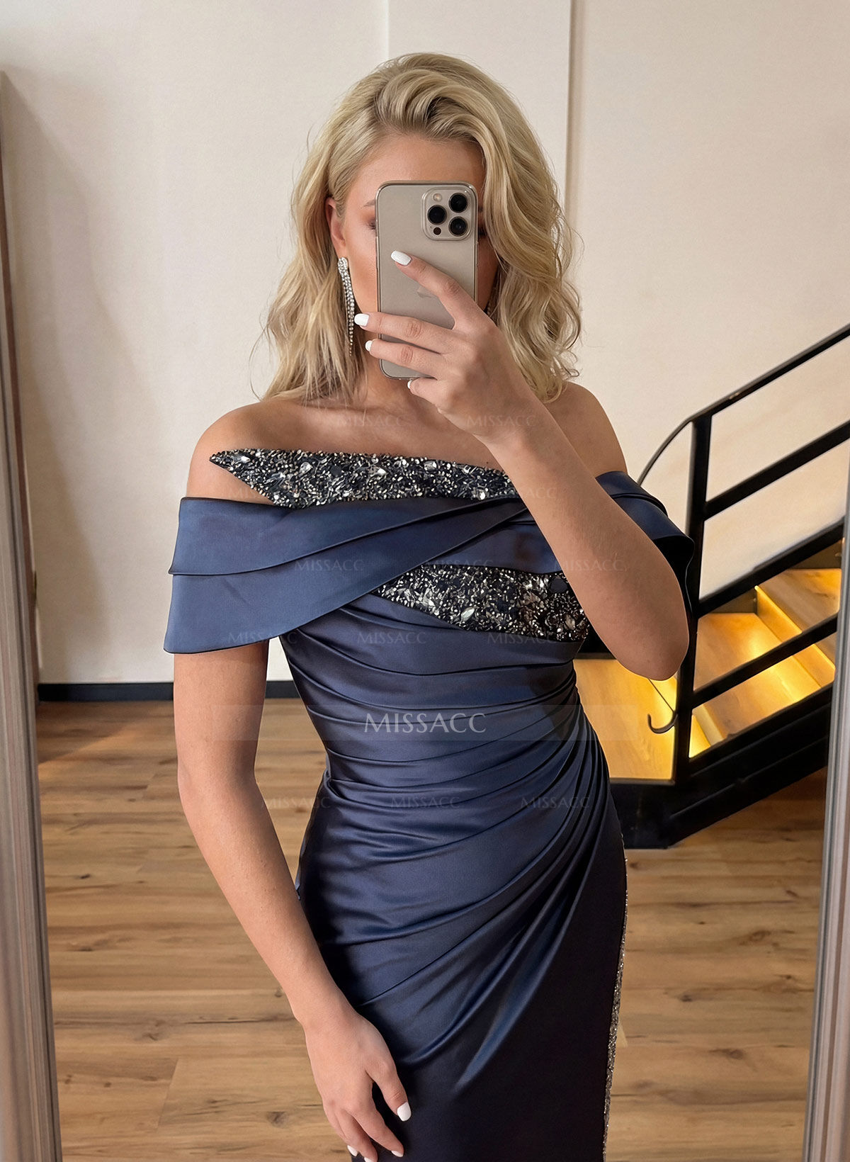 Sheath/Column Off-The-Shoulder Sleeveless Acetate Satin Prom Dresses With Rhinestone