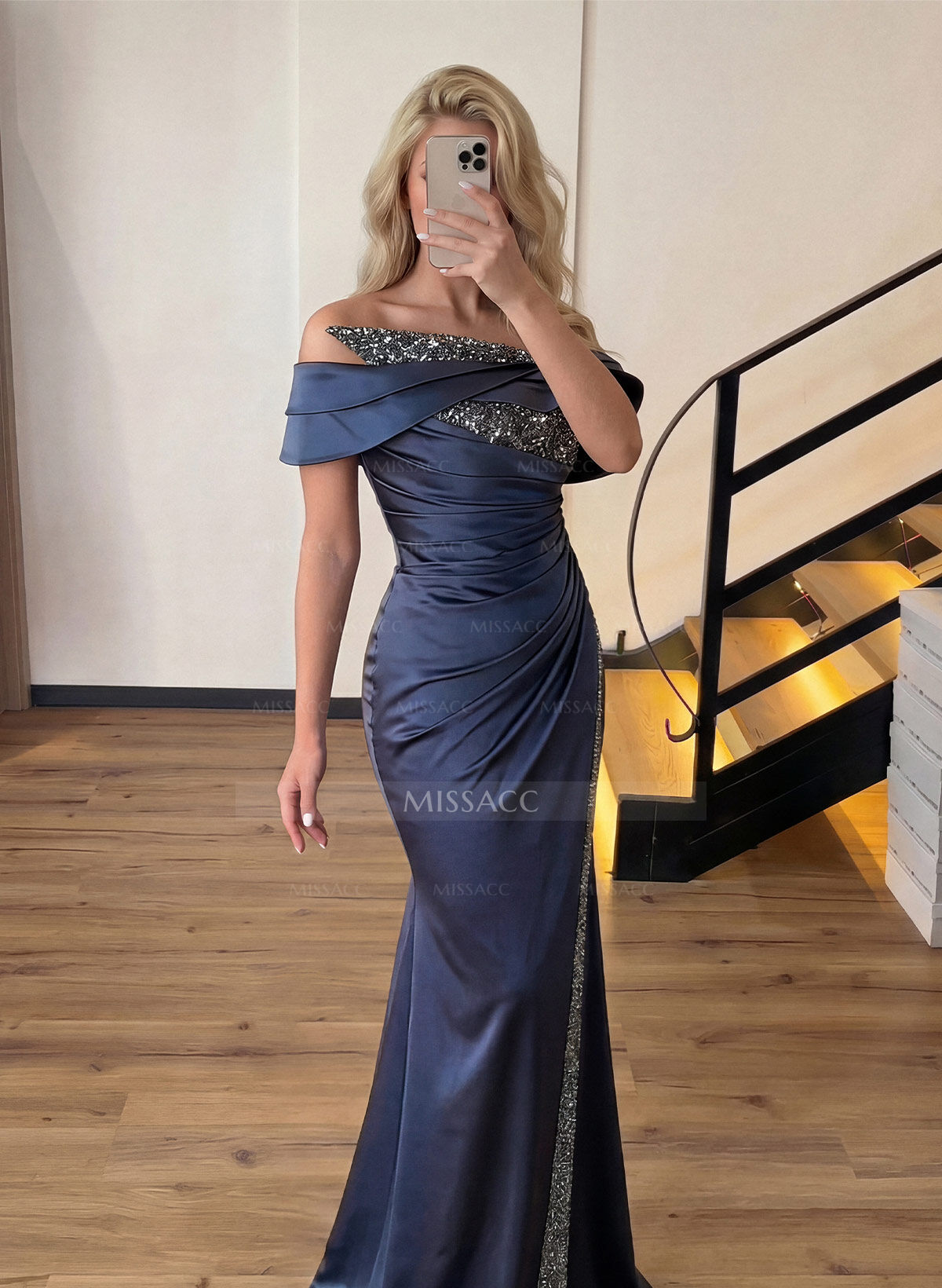 Sheath/Column Off-The-Shoulder Sleeveless Acetate Satin Prom Dresses With Rhinestone