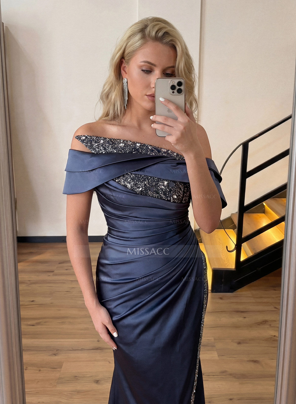 Sheath/Column Off-The-Shoulder Sleeveless Acetate Satin Prom Dresses With Rhinestone