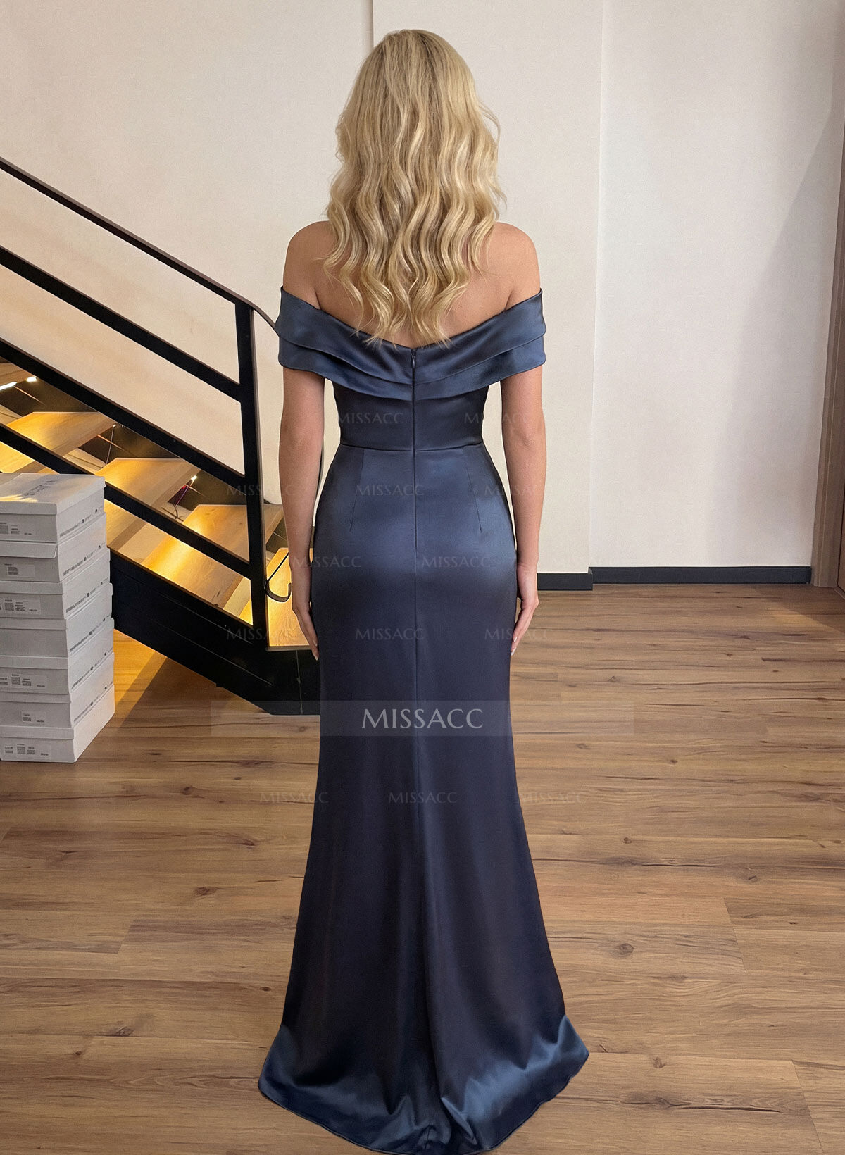 Sheath/Column Off-The-Shoulder Sleeveless Acetate Satin Prom Dresses With Rhinestone