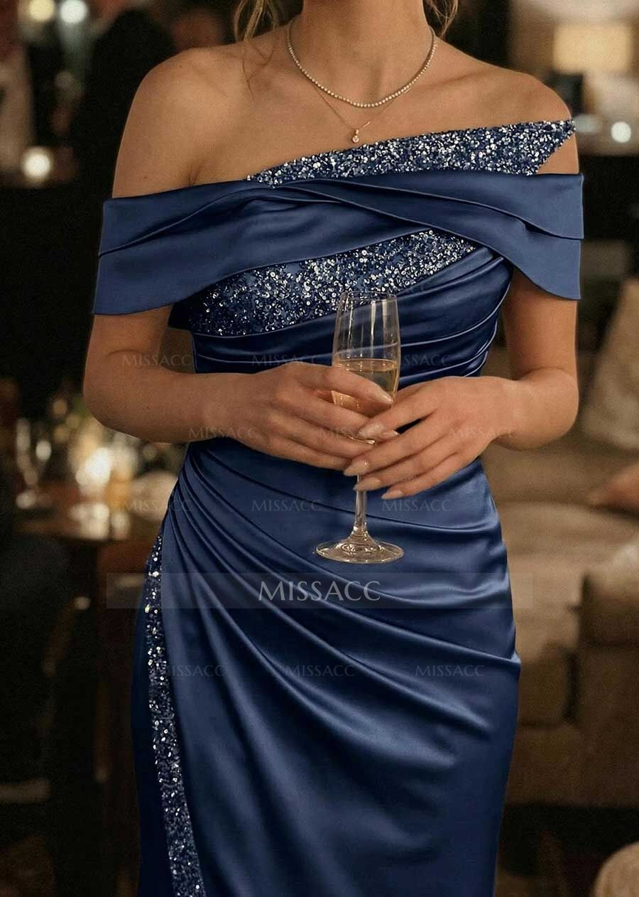 Sheath/Column Off-The-Shoulder Sleeveless Acetate Satin Prom Dresses With Rhinestone