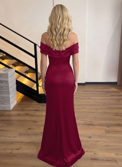 Sheath/Column Off-The-Shoulder Sleeveless Acetate Satin Prom Dresses With Rhinestone