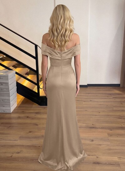 Sheath/Column Off-The-Shoulder Sleeveless Acetate Satin Prom Dresses With Rhinestone