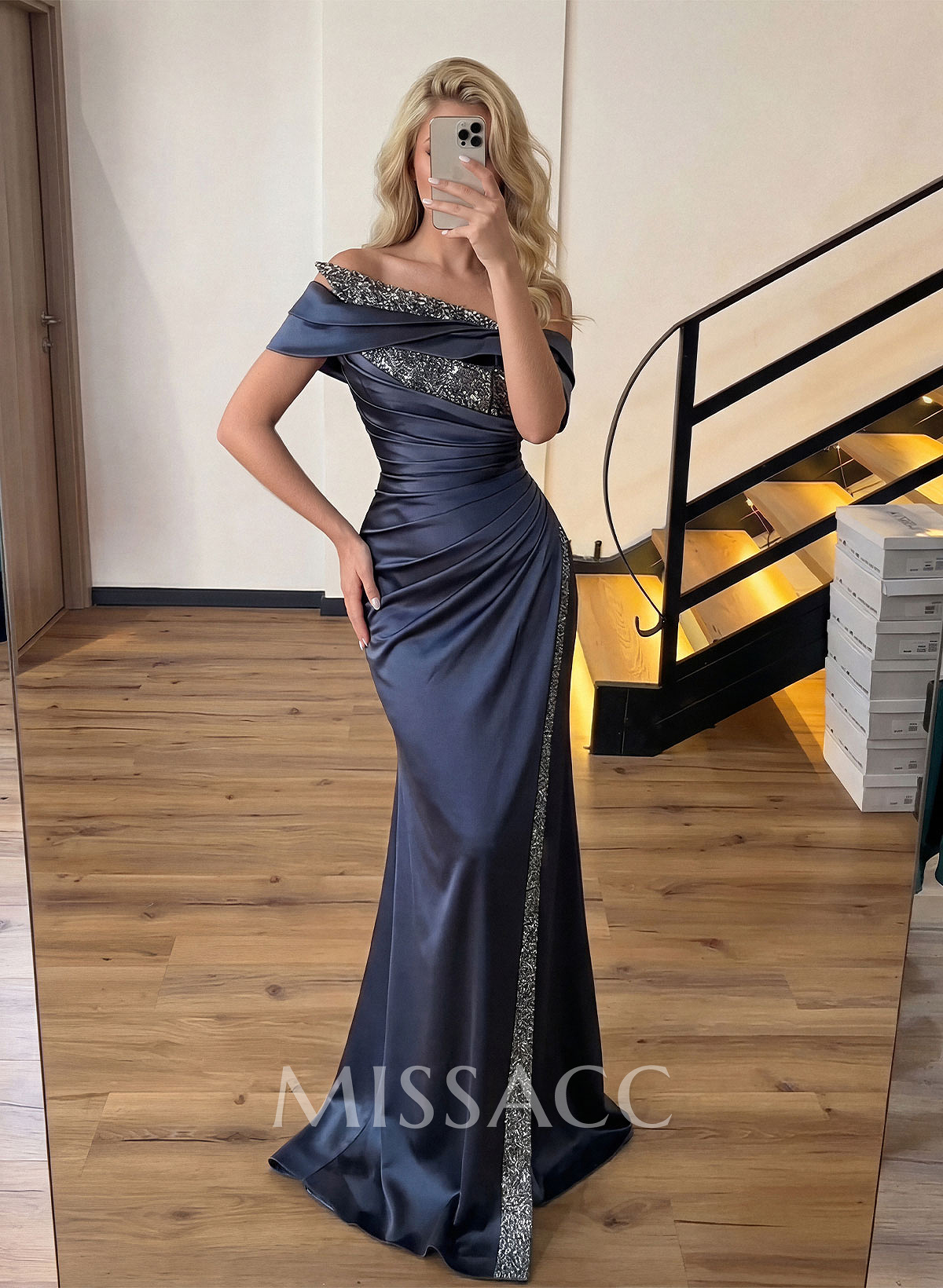 Sheath/Column Off-The-Shoulder Sleeveless Acetate Satin Prom Dresses With Rhinestone