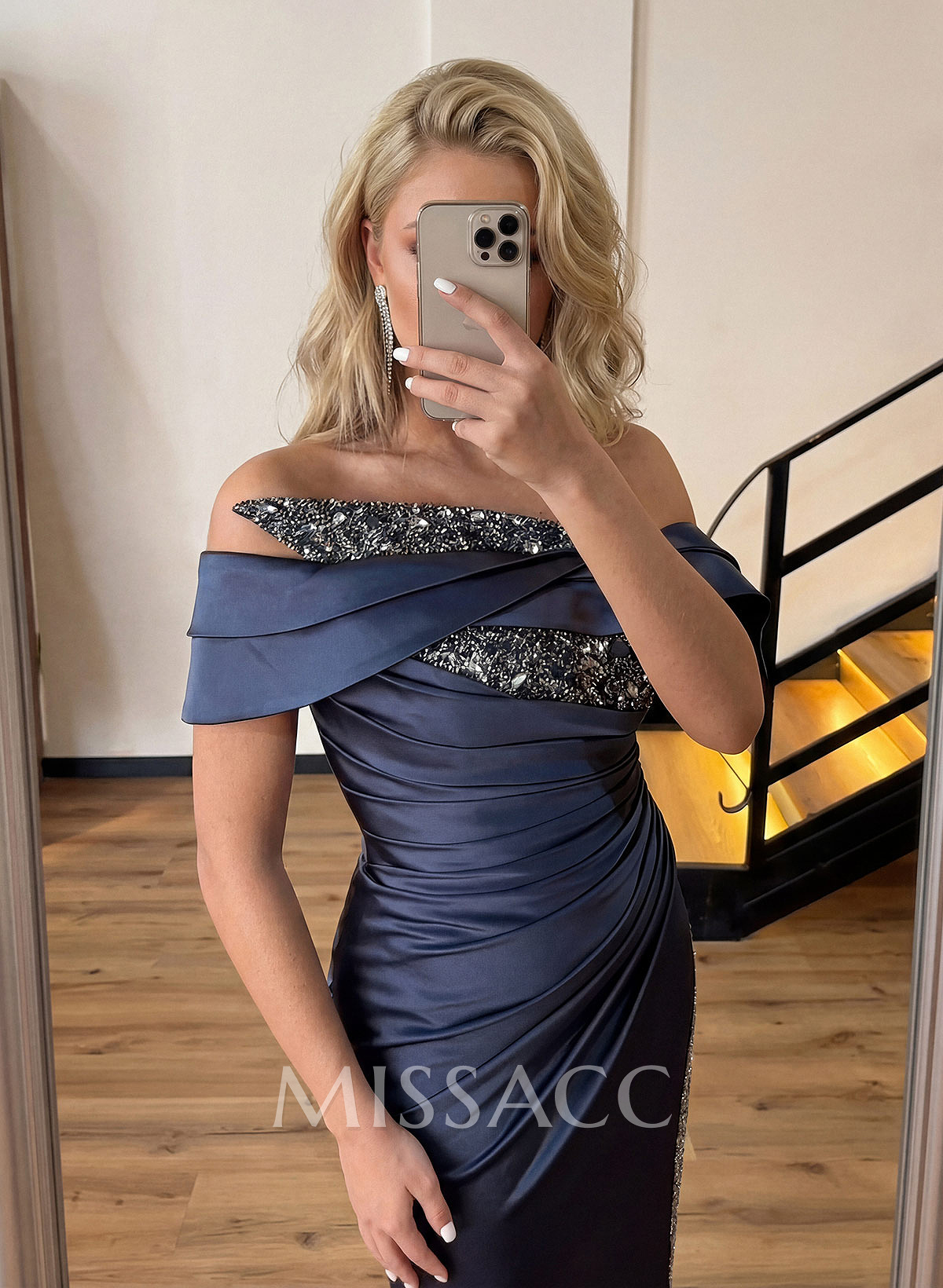 Sheath/Column Off-The-Shoulder Sleeveless Acetate Satin Prom Dresses With Rhinestone