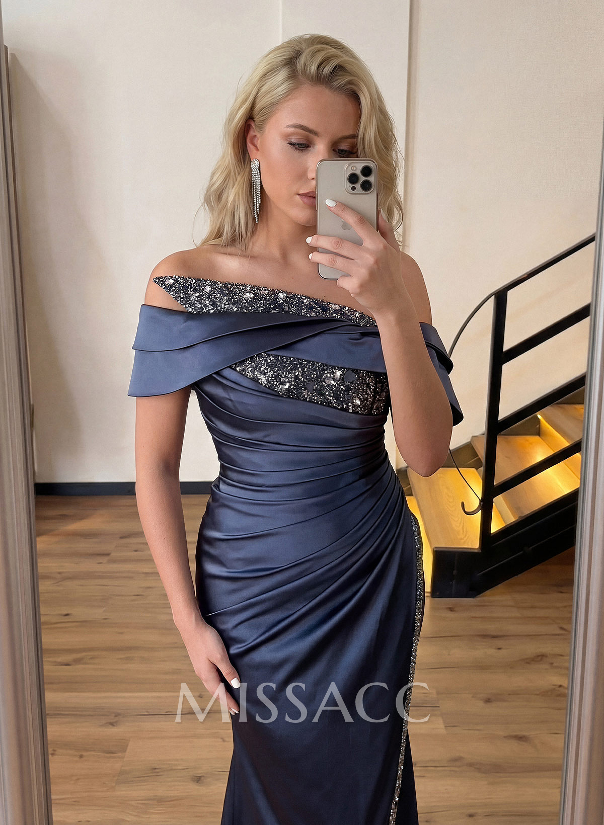 Sheath/Column Off-The-Shoulder Sleeveless Acetate Satin Prom Dresses With Rhinestone