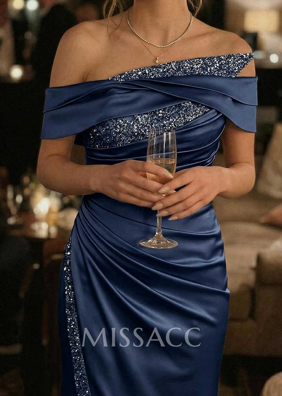 Sheath/Column Off-The-Shoulder Sleeveless Acetate Satin Prom Dresses With Rhinestone