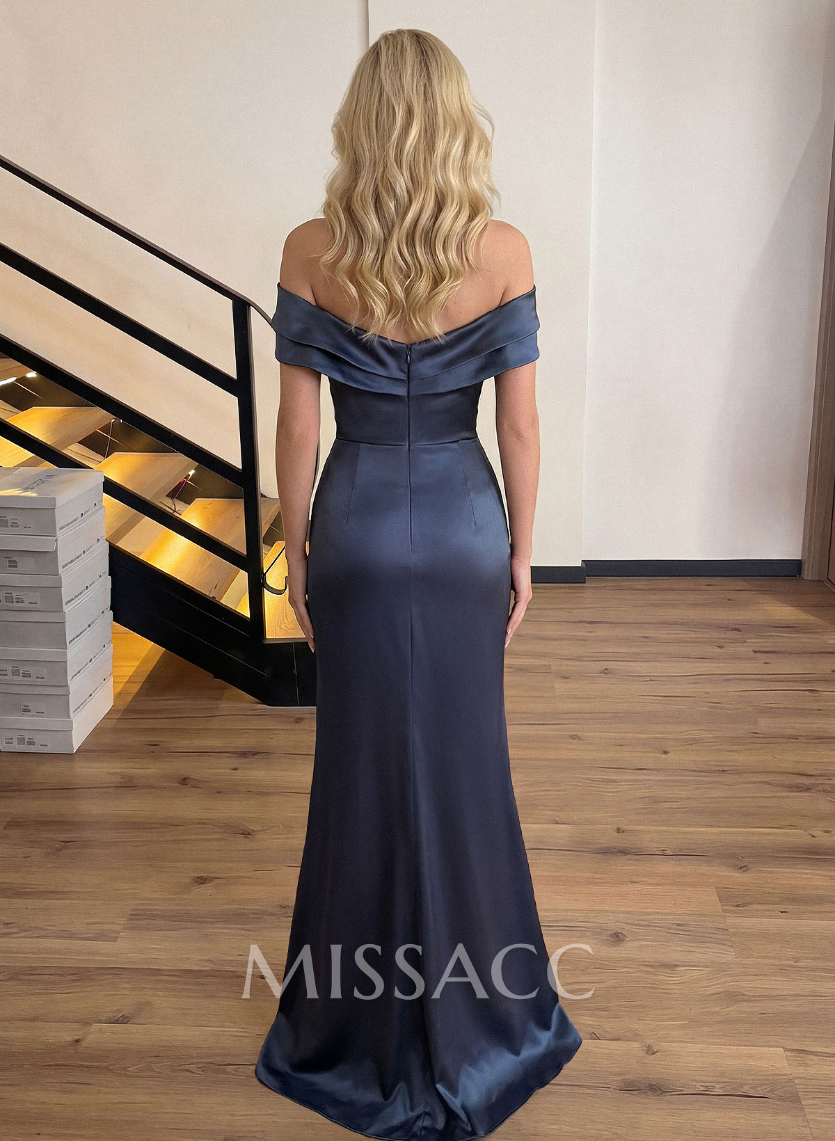 Sheath/Column Off-The-Shoulder Sleeveless Acetate Satin Prom Dresses With Rhinestone