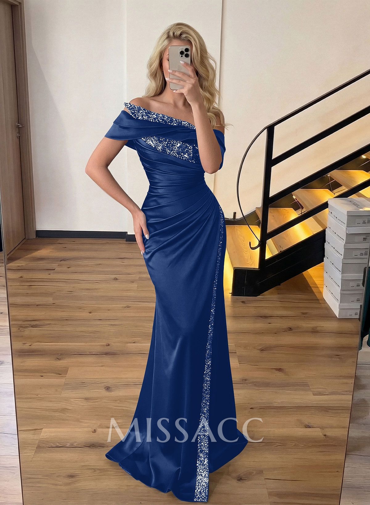 Sheath/Column Off-The-Shoulder Sleeveless Acetate Satin Prom Dresses With Rhinestone