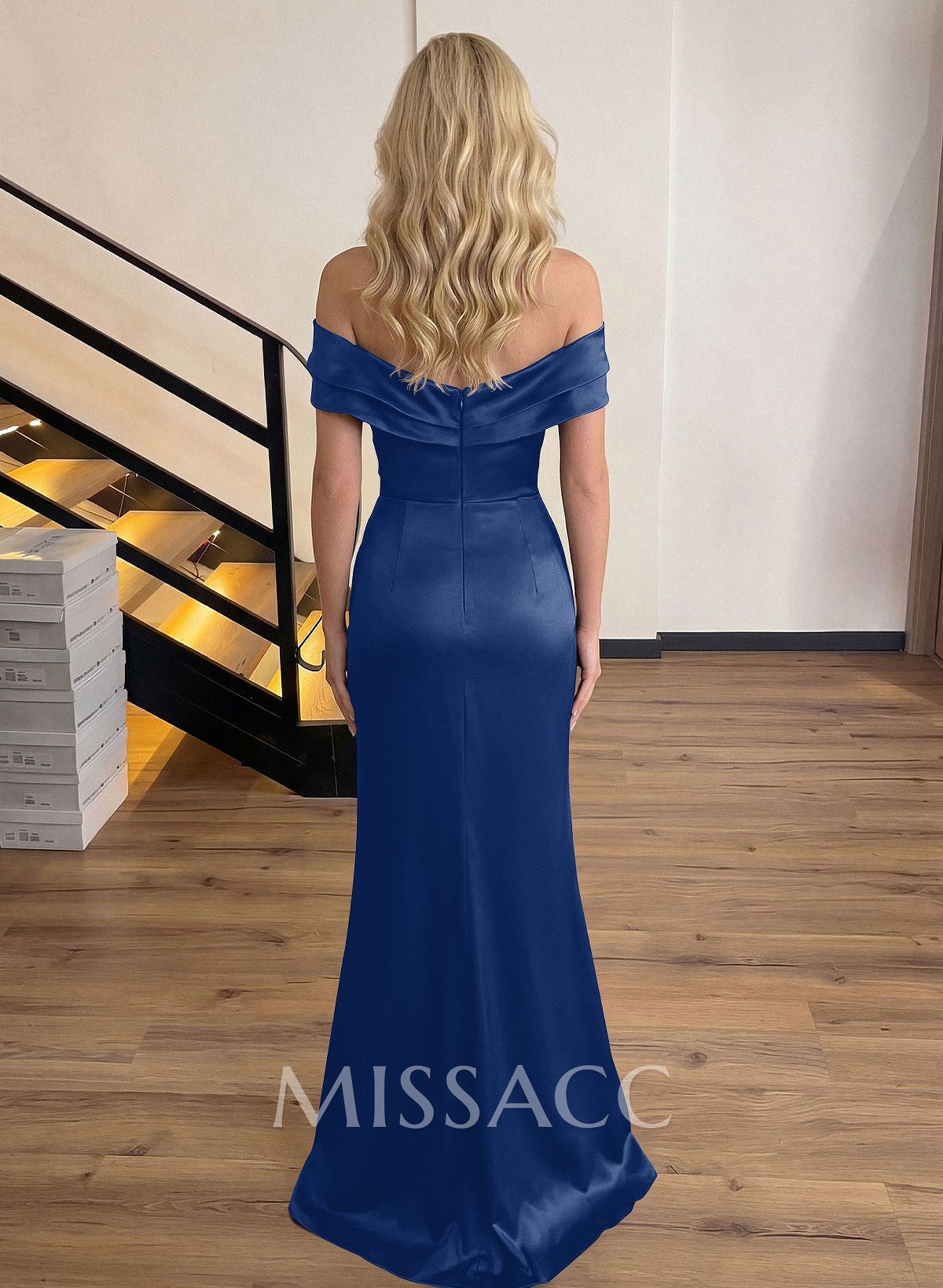 Sheath/Column Off-The-Shoulder Sleeveless Acetate Satin Prom Dresses With Rhinestone