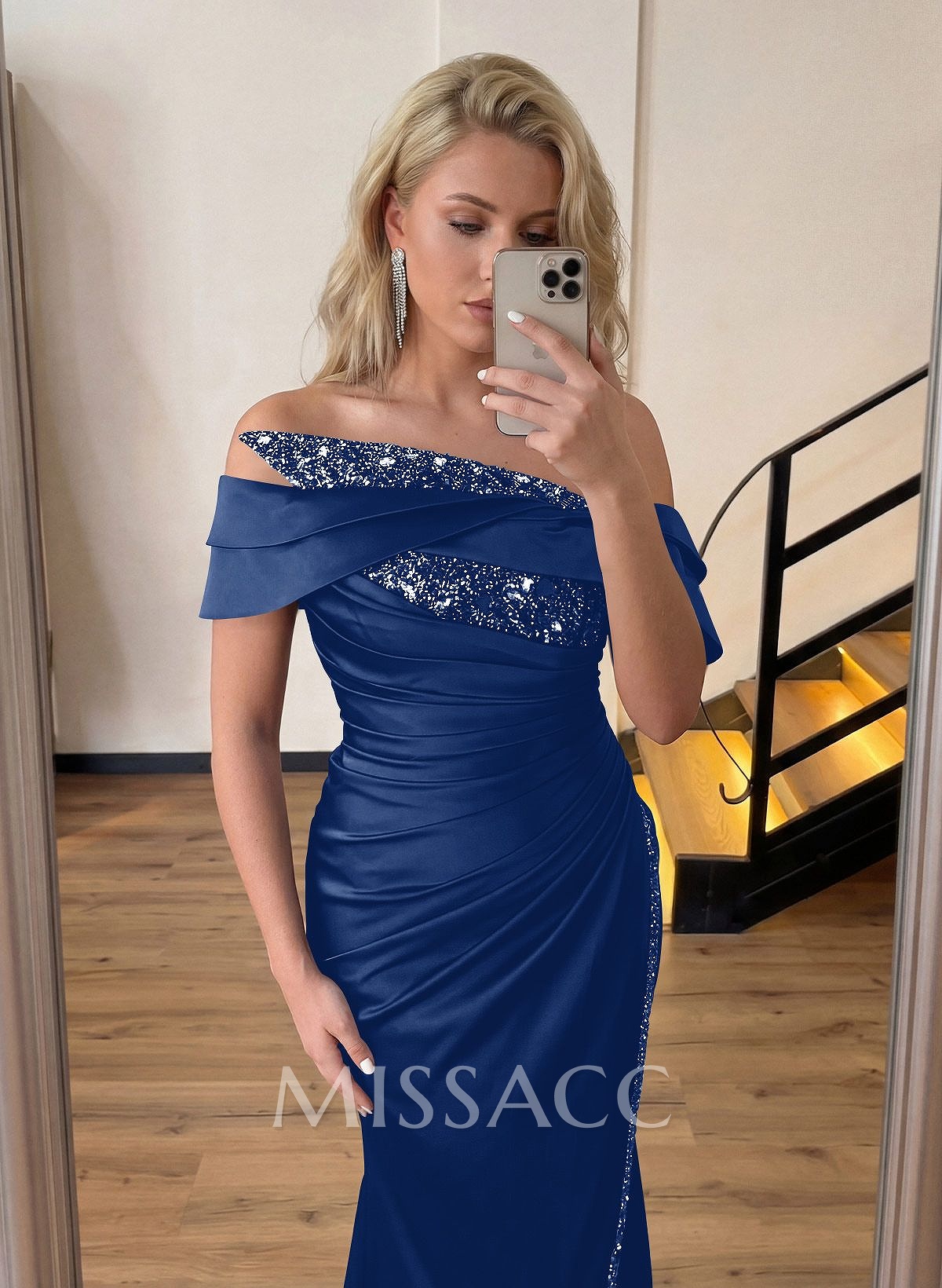 Sheath/Column Off-The-Shoulder Sleeveless Acetate Satin Prom Dresses With Rhinestone