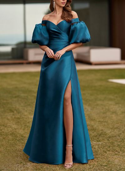 A-Line Off-The-Shoulder Sleeveless Satin Evening Dresses With Split Front