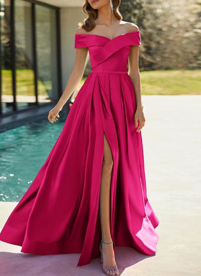 A-Line Off-The-Shoulder Sleeveless Satin Prom Dresses With Split Front