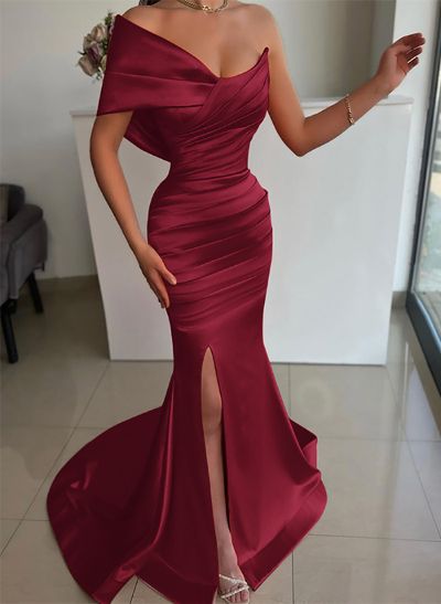 One-Shoulder Sleeveless Sweep Train Satin Bridesmaid Dresses With Split Front