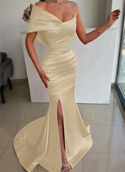 One-Shoulder Sleeveless Sweep Train Satin Prom Dresses With Split Front