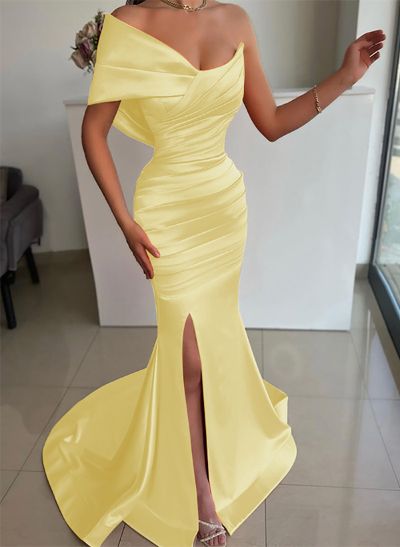 One-Shoulder Sleeveless Sweep Train Satin Prom Dresses With Split Front
