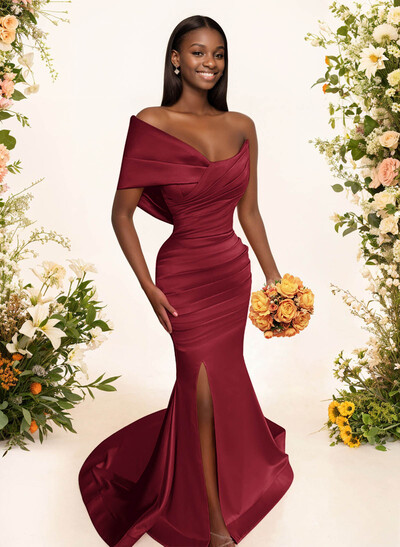 One-Shoulder Sleeveless Sweep Train Satin Prom Dresses With Split Front