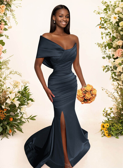 One-Shoulder Sleeveless Sweep Train Satin Prom Dresses With Split Front