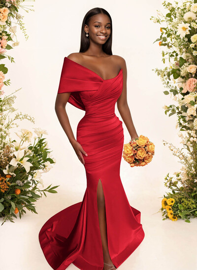 One-Shoulder Sleeveless Sweep Train Satin Prom Dresses With Split Front