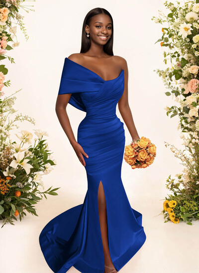 One-Shoulder Sleeveless Sweep Train Satin Prom Dresses With Split Front