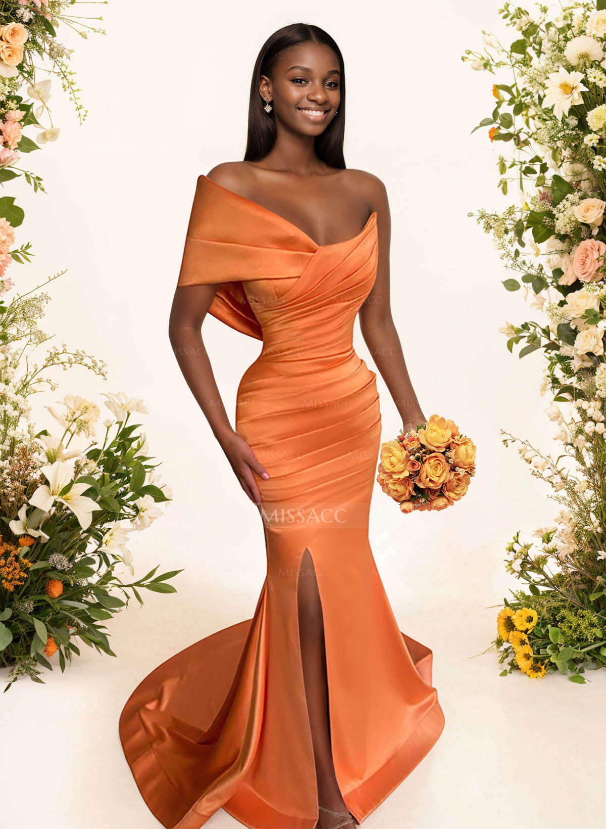 One-Shoulder Sleeveless Sweep Train Satin Prom Dresses With Split Front