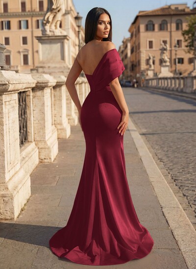 One-Shoulder Sleeveless Sweep Train Satin Prom Dresses With Split Front