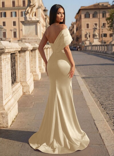 One-Shoulder Sleeveless Sweep Train Satin Prom Dresses With Split Front