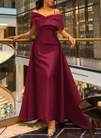 A-Line Off-The-Shoulder Sleeveless Sweep Train Satin Prom Dresses